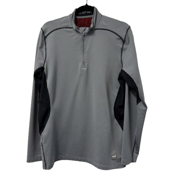 NIKE PRO COMBAT PULLOVER HYPERWARM DRI FIT MAX 1/4 ZIP MENS L GRAY BLACK FITTED - Picture 1 of 9